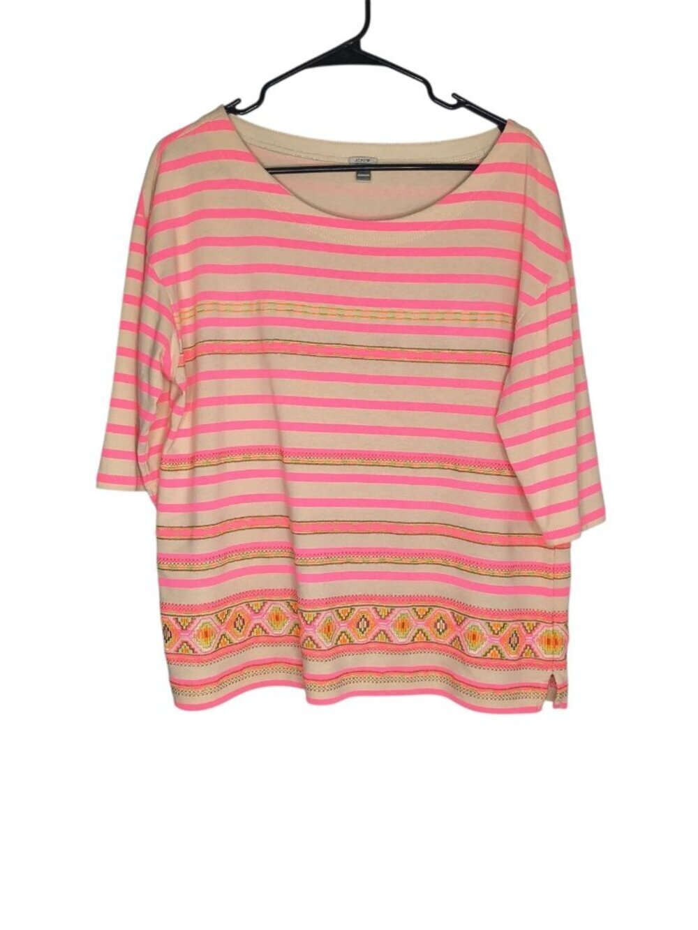 J Crew Top Womens XL Stitchwork Stripe Embroidered Cotton Aztec 3/4 Sleeve Tee